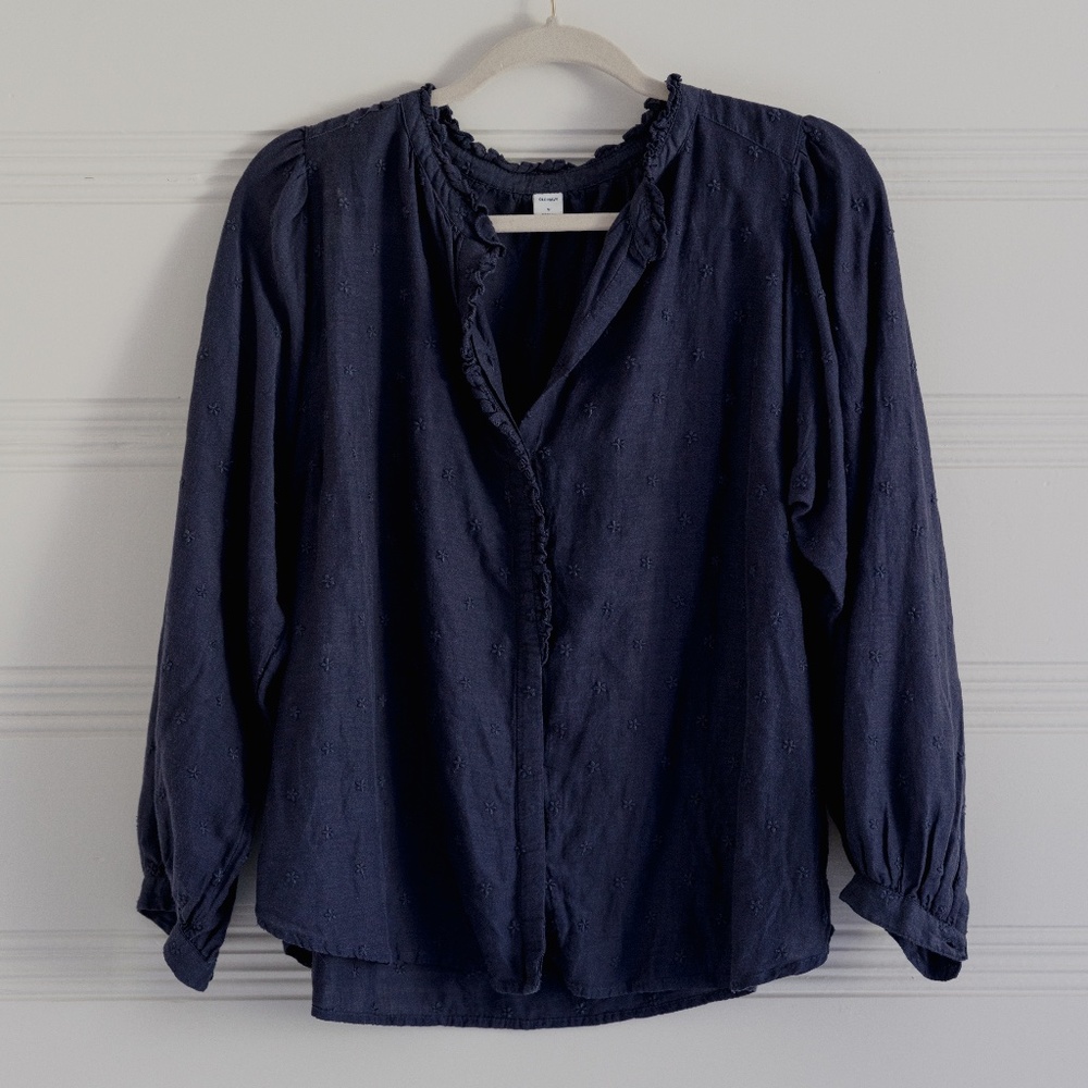 Oversized Ruffled V-Neck Navy Blouse for Women